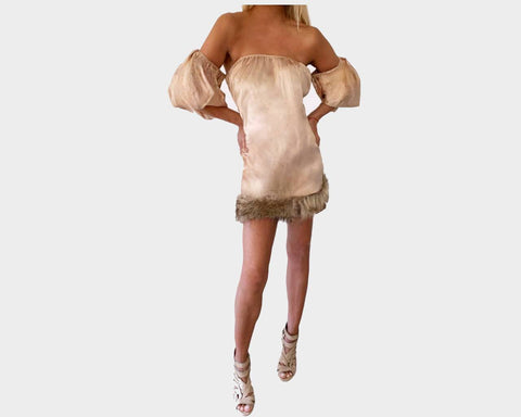 1. Taupe Italian Silk Off the shoulder Faux Fur dress - The Roma Lustrare