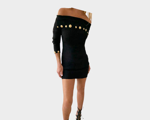 .1 Milano Oro Black stretch Ribbed Button Off the shoulder Dress - The Milano Oro