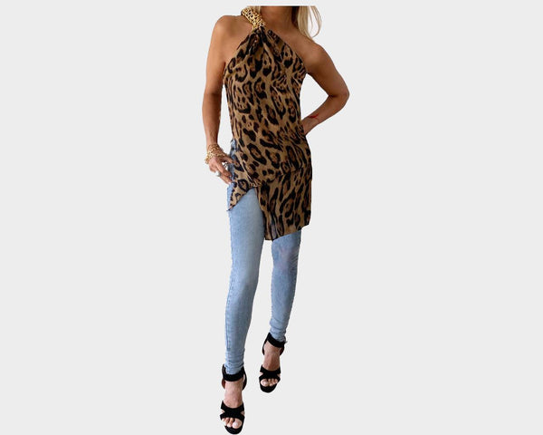 . Gold Link One Shoulder Leopard Print Tunic/top- The Roma Splendere