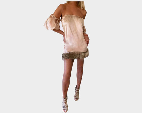 1. Taupe Italian Silk Off the shoulder Faux Fur dress - The Roma Lustrare