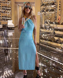 . Powder Blue Shimmer Link One Shoulder Side Slit Gold Foil Metallic Dress - The Roma Splendere