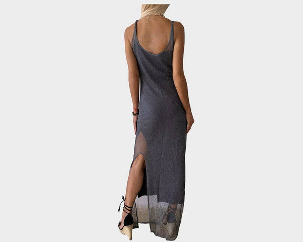 C.1 Side Slit Silver Gray Mesh Resortwear Statement Dress - The Ibiza