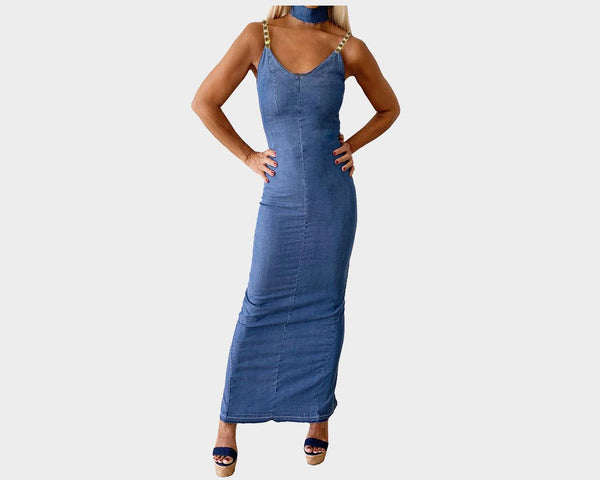 89 Stretch Denim Form Fitting Ankle Length Dress - The St. Tropez