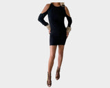 .1 Black and Sunset Taupe Cold Shoulder Fur Sleeves Dress - The Roma Il Pelame