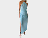 . Powder Blue Shimmer Link One Shoulder Side Slit Gold Foil Metallic Dress - The Roma Splendere