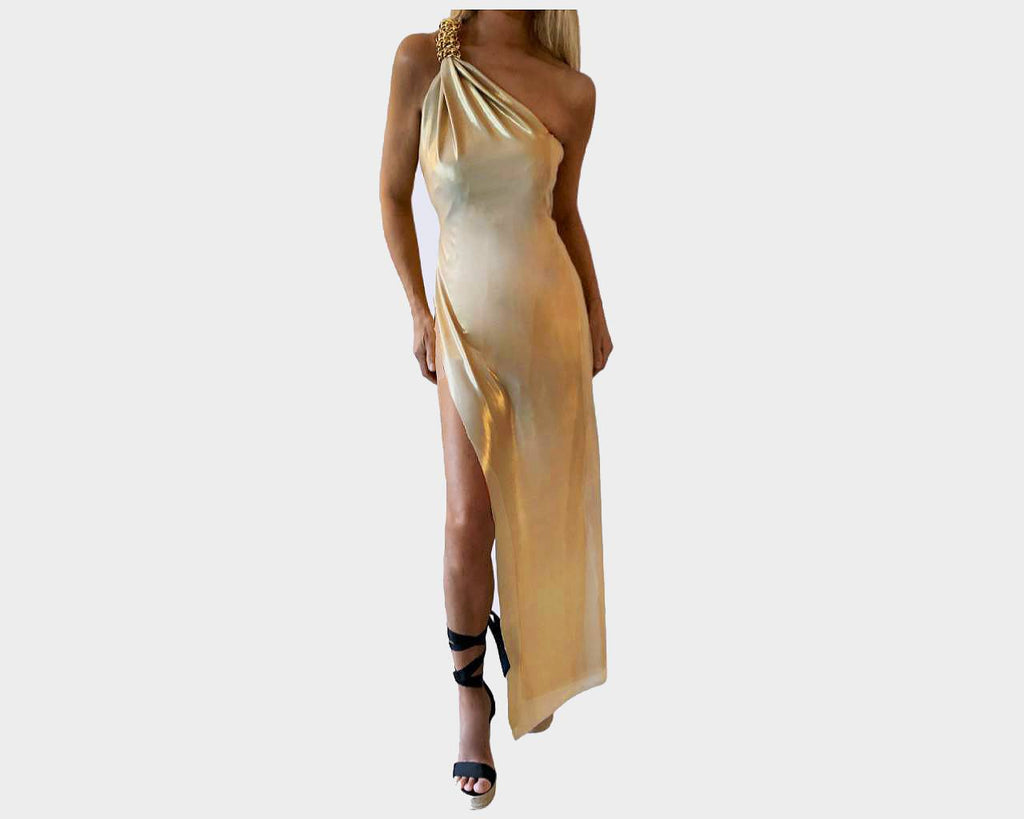 . Gold Link One Shoulder Side Slit Gold Foil Metallic Dress - The Roma Splendere