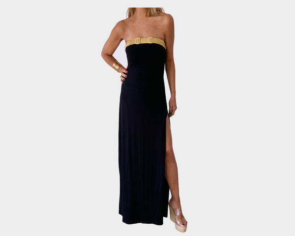 42 Black & Gold Strapless Buckle Off the shoulder High Side slit dress - The Roma Si