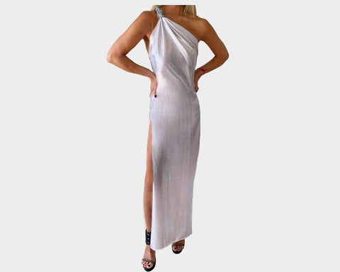 . Silver Link One Shoulder Side Slit Gold Foil Metallic Dress - The Roma Splendere