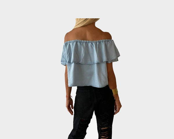 Summer Blue Ruffle Off Shoulder Crop Top - The St. Barth