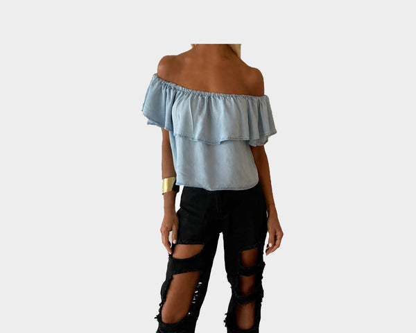 Summer Blue Ruffle Off Shoulder Crop Top - The St. Barth