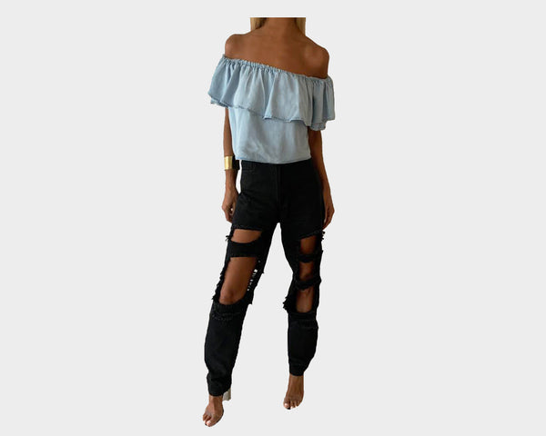 Summer Blue Ruffle Off Shoulder Crop Top - The St. Barth