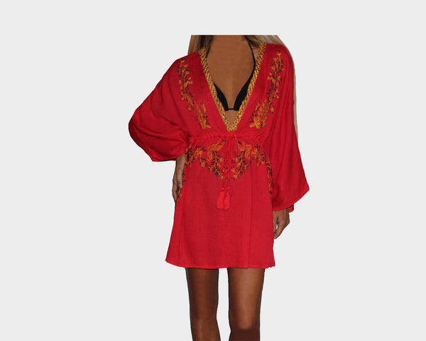 Scarlet Red Apres-Beach Cover-Up Kimono Dress - The Palm Springs